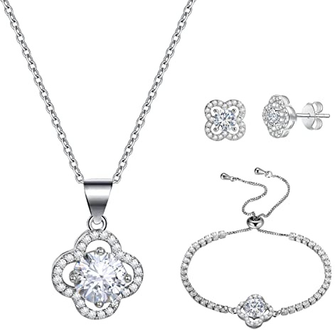 Emibele Parure de Bijoux pour Femme, Collier en Acier Inoxydable avec Pendentif de Trèfle à Quatre Feuilles, Bracelet & Clous d'Oreilles en Zircon Cubique, Cadeaux de Bijoux pour Mère, Platine