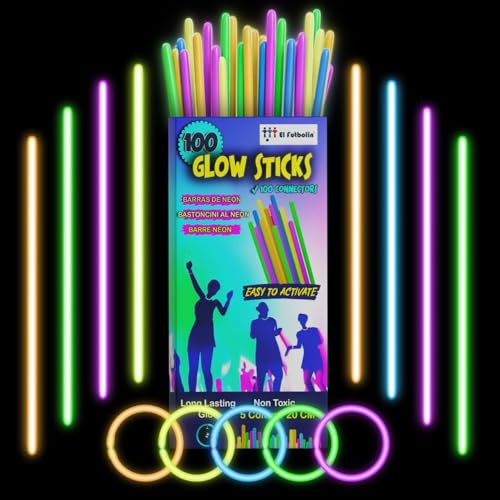 EL FUTBOLIN | Braccialetti Luminosi Fluorescenti | 100 Bastoncini al Neon + 100 Agganci | Regalo Festa di Compleanno | Matrimonio ed Eventi | Natale | Confezione di Bastoncini al Neon