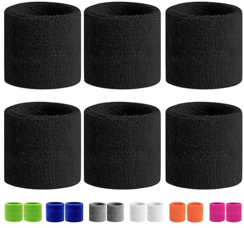 6 Stück Schweißband Handgelenk,Fitness Schweissband,Jungen & Mädchen Schweißbänder Handgelenk,Absorbierende Schweißband Kinder,Baumwoll Schweißband Arm für Fußball,Basketball und Tennis Sport(Schwarz)
