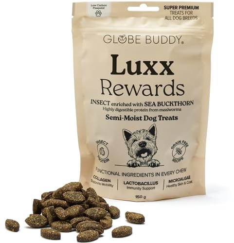 Globe Buddy Luxx Rewards 150g – Snack per Cani Ipoallergenici Grain-Free con Proteina di Insetti, Supporto a Mobilità e Immunità, Premi Super Premium per Addestramento