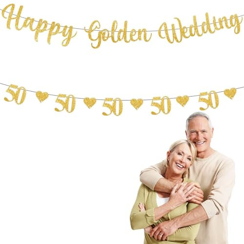 Set De 2 Banderolas De Bodas De Oro, Banderolas De 50 Aniversario De Boda,Decoraciones De Corazón De Oro Con PurpurinaHappy Golden WeddingPara Fiesta
