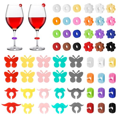 Glasmarkierer, 56 Stück Glas Markierung Silikon, Weinglas Marker Wiederverwendbar, Gläser Markieren Party Gäste für Martinigläser Cocktail Trinkgläser Bierkrug Bar Weihnachten Neujahr Party Deko