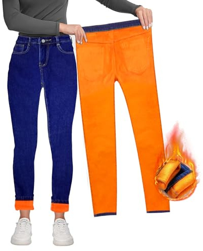 Ourdort Jean Doublé Polaire Femme, Pantalon Hiver Taille Haute, Coupe Ajustée Chaud et Confortable - Taille 27