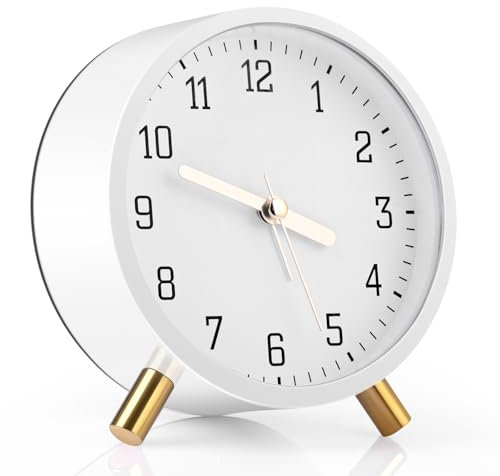 Gerbala Sveglia Analogica in Metallo, Rotonda con Luce Notturna, Senza Ticchettio per Ufficio, Camera da Letto, Comodino (Bianco)