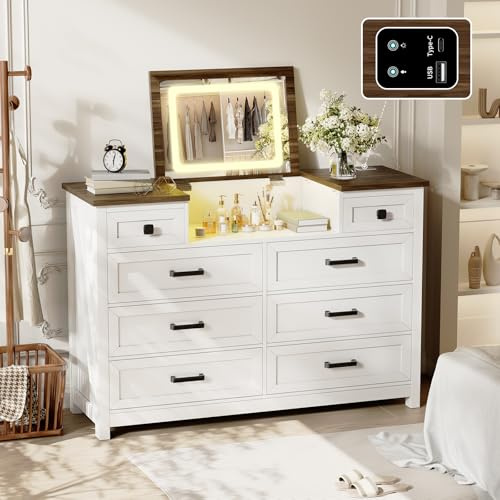BROTTAR Kommode mit 8 Schubladen und LED Spiegel, Komodenschrank mit Ladestation, Kommode Weiß für Schlafzimmer Wohnzimmer für Kleidung, Dokumente, Spielzeug, 120x40x83cm
