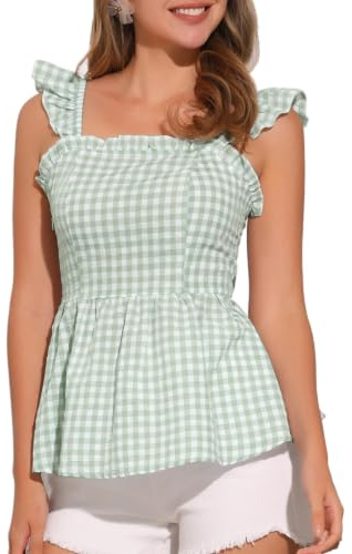 Allegra K Haut Péplum Femme Chemisier d'Été à Carreaux sans Manches Col Carré Blouse Casual Dos Smocké Débardeur à Bretelles Vert Pois Clair L