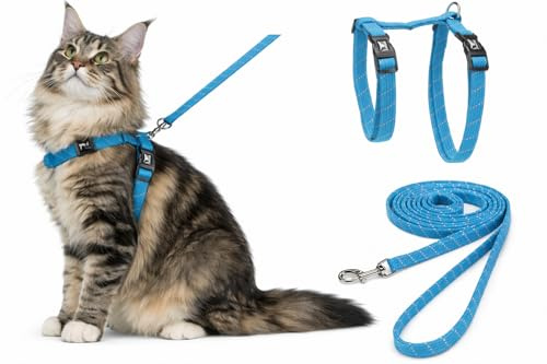 Harnais pour Chat - Grand Chat Elza Bleu - 22-32cm - 35-56cm - Laisse 120cm - Nylon réglable - réfléchissant - avec Mousqueton