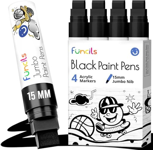Funcils 4 Jumbo Black Paint Pen - 15mm Wide Tip, Poster Markers for Wood, Rock Painting, Plastic, Glass, Metal, Walls, Fabric - Large Thick Permanent Paint Markers for Signs, Board, Teachers
