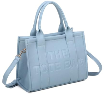 Ladies Small Tote Bag, Embossed Text Design, Detachable Shoulder Strap (Light Blue)