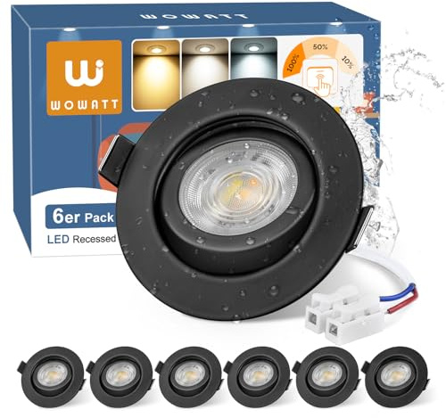 wowatt 6 Pack Focos LED Interior Techo Negro Regulable, 6W 640LM Downlight LED Techo Empotrable Orientable Luz Calida 3000K Neutra 4000K Frío 6000K, IP44 Ojos de Buey para Baño, Corte 68mm-75mm