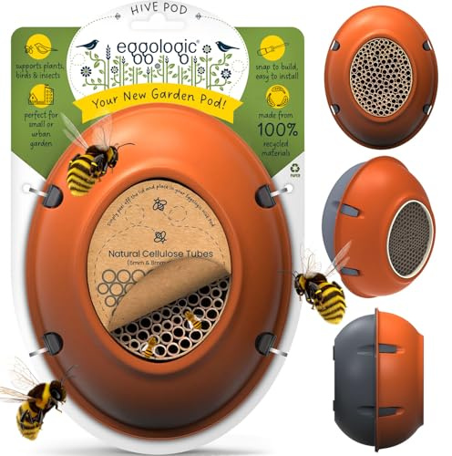 eggologic Hive Pod Bee Hotel, Modern Insect House for Gardens – Solitary Bee House with Natural Nesting Tubes, Wall-Mounted Bug Box for Pollinators, for Gardeners - Harvest Orange