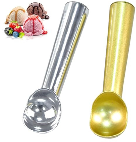 2 Pcs Ice Cream Scoop Icecream Scoop i e Cream Scoop Nonstick Anti-Freeze One Piece Aluminum Scooper Spoon, Heavy Duty Gelato, Cookie Dough, Sorbet, Almond, Melon Balls（Gold Light Silver）