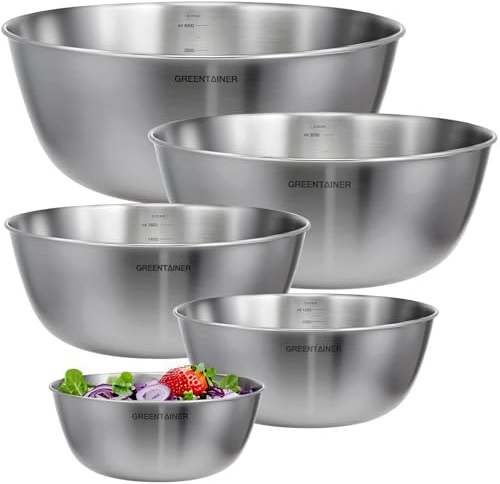 Greentainer 5-Piece Stainless Steel Mixing Bowls Set for Kitchen, Nesting Bowls for Mixing, Baking, Prepping, Cooking and Serving Food, Metal Mixing Bowls Dishwasher Safe