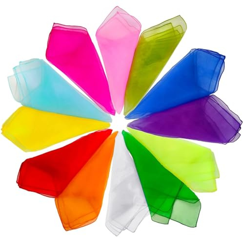 Teouuas 12 Stück Bunte Jongliertücher, 60 x 60 cm Square Seidentücher, Chiffontücher Gymnastiktücher, 12 Farben Bunte Tücher, Tanztücher für Kindergarten Kindershow Tanzen Jonglieren Sensorisches