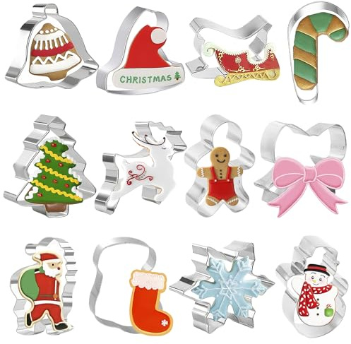 MUNSKT 12 Pzs Moldes Galletas Navidad, Cortadores De Galletas Navideñas De Acero Inoxidable Con Formas De Papá Noel, Renos, Muñecos De Nieve, Hombrecitos De Jengibre, árboles De Navidad