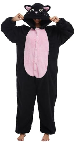 chuangminghangqi Pigiama Pagliaccetto Tuta Animale Adulto Unisex Costume Onesie Sleepwear Tuta Notte Cappuccio Tutina Loungewear Caldo Morbido Party, Gatto nero, XL