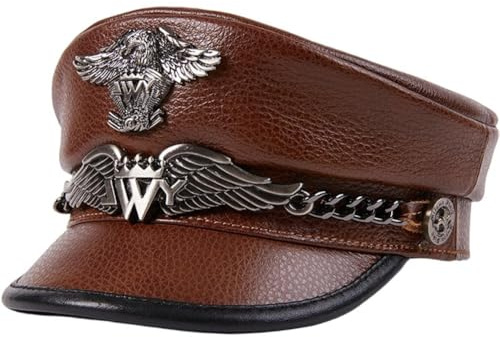 HiyyFloy Cappello Esercito Tedesco in Pelle, Stile Militare, con Visiera, Berretto Uomo in Pelle di Mucca, Classico Cappello Militare Caldo 'Esercito