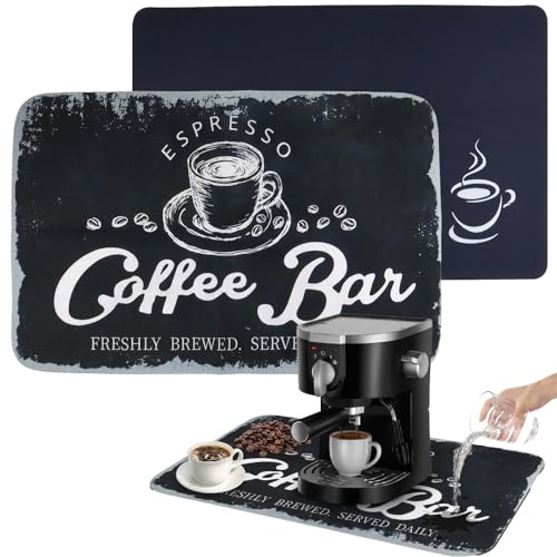 DRADERCH Juego de 2 Alfombrillas para Cafetera 40x60cm, Alfombra Absorbente de Tierra de Diatomeas, Secado Rápido y Antimanchas, Tapete para Bar y Encimera de Cocina, Negro