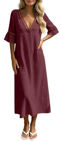 ABLYTMIAQ Sommar spetsklänningar för kvinnor UK boho bomull V-hals 3/4-ärm midi-klänning A-linje utsvängd avslappnad passform ovanför ankellängd klänningar damer vardaglig semester gå ut strand