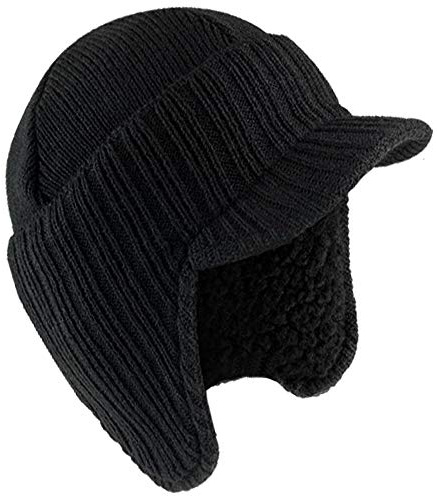 RockJock Mens Knitted Peaked Winter Hat Cap Beanie with Fleece Lining Black
