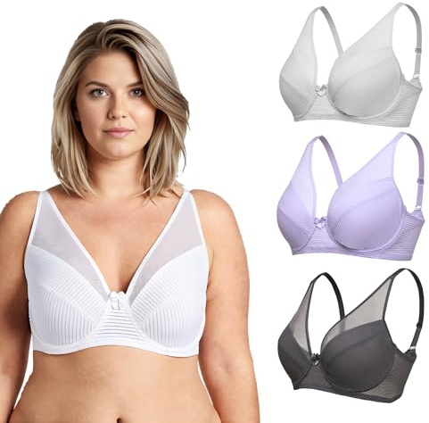 Curve Muse Soutien-Gorge pour Femme Taille Plus, Non doublé, à Armatures, Soutien-Gorge intégral-Lavande, Gris, Crème-90E