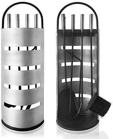 UISEBRT - Set di attrezzi da caminetto, in acciaio inox, 5 pezzi, supporto in acciaio inox con schermo di protezione, scopetta per camino, pinza, attizzatoio, paletta per cenere