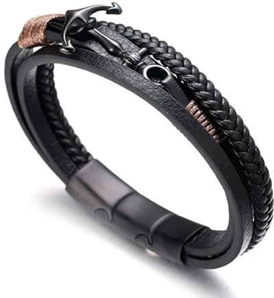 Halukakah Plus ● Segeln ● Herren-Armband Handgefertigt | Echtleder Schwarz | Magnetverschluss Edelstahl in Schwarz | Wickelarmband 3 Runde | Titan Anker | KOSTENLOS Geschenkbox | 21.5cm-23cm