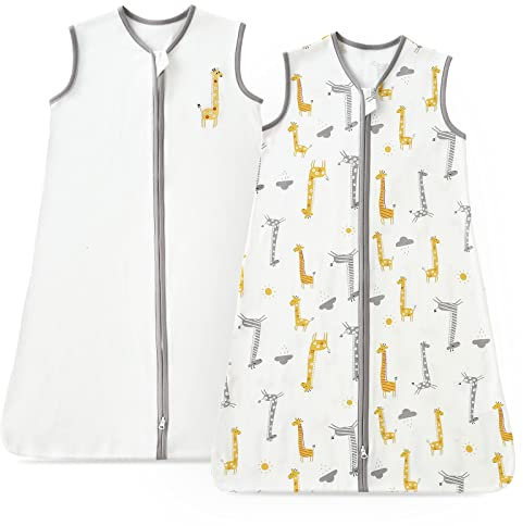 beeweed Baby Ganzjahres Schlafsack 1.0 TOG, 100% Baumwolle Kinder Ärmellos Wattiert Sommerschlafsack für Jungen und Mädchen, Giraffe, 18-24 Monate, (2er Pack)