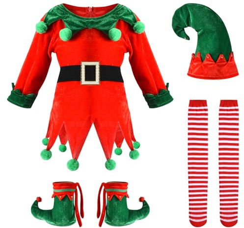 Proumhang Pack de 5 Disfraces de Elfo de Navidad para Niñas,Disfraz de Elfo de Navidad para Niños,Disfraz de ayudante de Papá Noel de terciopelo,Disfraz de Navidad