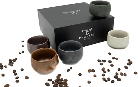 Pheniox Espressotassen Set Timeout | 5 x 80 ml - hochwertige Tassen aus Steingut | Espresso Tassen Set - ohne Henkel | Geschenk in modernem Design - spülmaschinenfest | Mokka | Tee | Sake