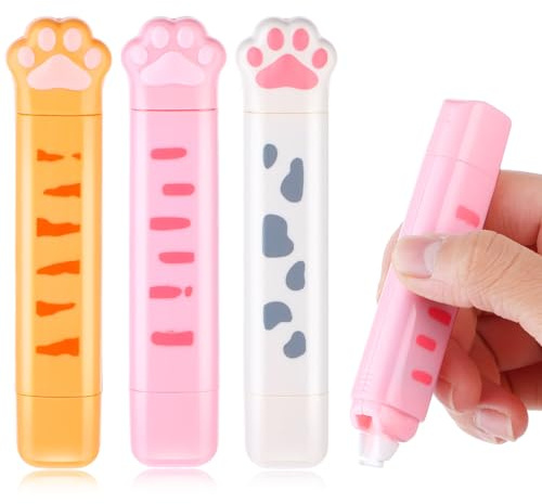 Bewudy 3 Pcs White Out Correction Tape 2 in 1 Double Head Dual Use, Cat Paw Shaped Correction Tape and Roller Double Sided Dispensing Glue Combo, for Kids Students Office School Supplies