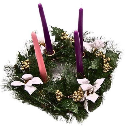 Faux White Poinsettia Advent Wreath, Religious Holiday Decor, Freestanding Tabletop Decoration, 14 Inches