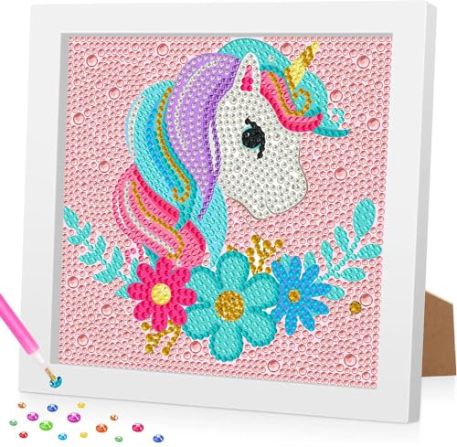 Daisen Art Pintura de diamantes para niños con marco, pintura de diamante de unicornio para niños y niñas, con caja de regalo para decoración de pared para el hogar, 18 x 18 cm