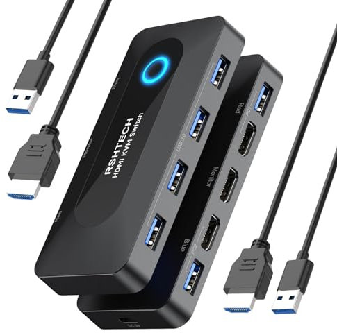 RSHTECH KVM Switch, USB 3.0 Sharing Switch with 4K@60Hz HDMI Port & 4 USB 3.0 Data Ports, USB KVM Switcher for 2 Computer Share Mouse, Keyboard, Printer, Monitor and More