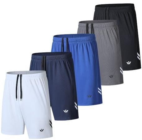 Fovdtaa 5er-Pack Herren Sport Shorts Mit Taschen und Elastischem Bund, Schnell Trocknende Workout Laufhose, Schwarz, Grau, Blau, Marineblau, Weiß, XL