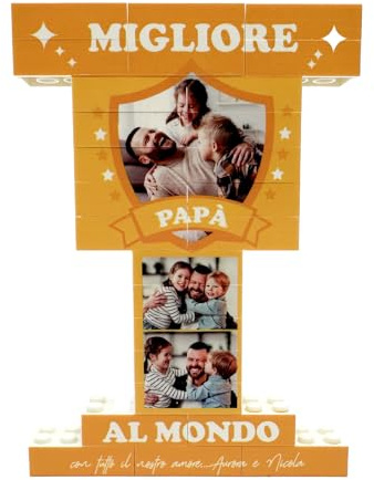 WHALE TROFEO DI MATTONCINI PERSONALIZZATO CON FOTO - MIGLIOR PAPÀ AL MONDO - IDEA REGALO FESTA DEL PAPÀ - PUZZLE RETTANGOLARE 26 PEZZI - SCATOLA IN PLEXIGLASS 8 CM X 8 CM
