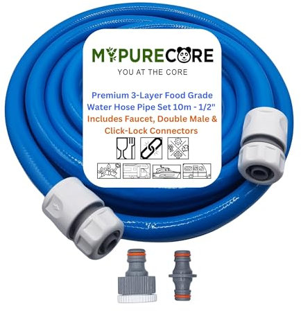 MYPURECORE Premium 3-Layer Food Grade Water Hose Pipe | 10m, 1/2 | Includes Faucet, Double Male & Click-Lock Connectors | Motorhome, Caravan & Campervan Accessories | Campers & Motorhome Gadgets