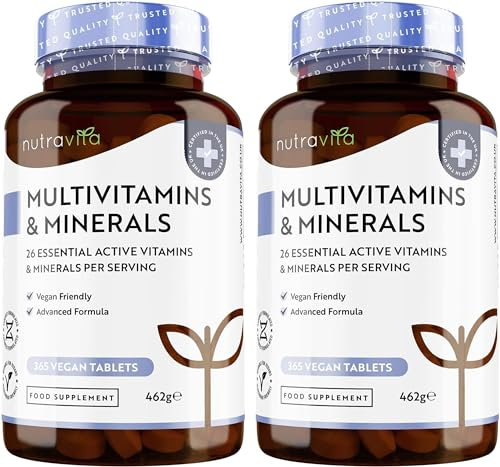 Nutravita Multivitaminas y Minerales - 2 Paquetes - 730 Comprimidos Veganos - Complejo Vitamínico de 26 Esenciales Vitamina C, D3, A, B, E y Minerales Selenio, Calcio, Hierro, Zinc - Multivitamínico