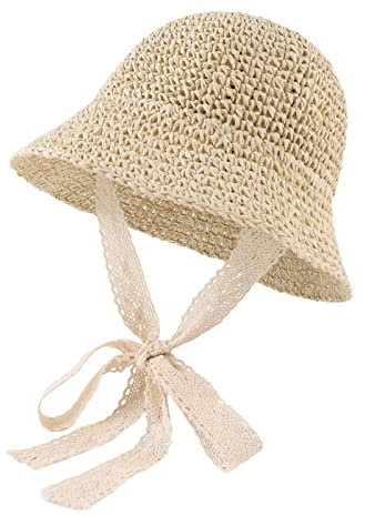JANGANNSA Baby Girl Straw Hat Outdoor Baby Sun Protection Hats Summer Bowknot Beach Cap for Infant Toddler Girls(Lace Tie-Beige,6-24 Months)