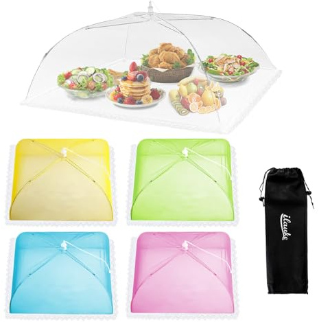 ilauke Fliegenhaube, 5er Set XL Abdeckhauben für Essen, Faltbare Fliegenschirm Lebensmittel Abdeckung, Fliegenschutz für Essen, Obst, BBQ, 1 Groß(100x60cm)& 5 Standard(43x43cm), Farbig