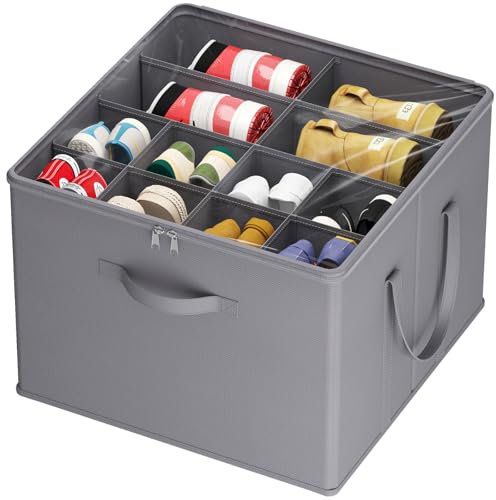Lifewit Shoe Storage Organizer for Closet, Fits 12-16 Pairs, Large Shoe Box Storage Containers with Clear Cover and Reinforced Handles, Foldable Storage Bins Fit for Boots Heels Sneakers, 1 Pack Gray