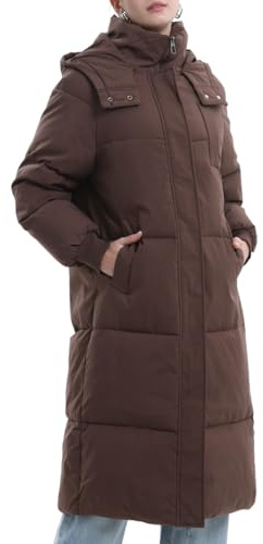 PUFFIT Veste longue bouffante pour femme, manteau d'hiver épais à capuche avec poches profondes, veste d'hiver chaude pour femmes, cacao, X-Small