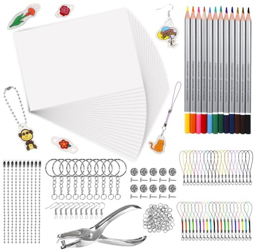 LUZOON Schrumpffolie 218 Stück Schrumpffolie zum Basteln Inklusiv A4 Schrumpffolie Set Schlüsselanhänger, Schließe, Bleistifte, Locher für Kinder DIY Handwerk (A4-Blanko)