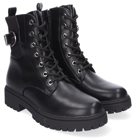 86685 Botines de Tacon para Mujer, Comodos y Elegantes, Detalle de Hebilla, con Suela Dentada, Punta Redonda, Cierre de Cordones y Cremallera Lateral, Ideales para Otono-Invierno. Negro Talla 36