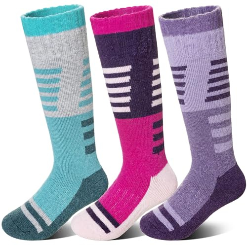 Velice Kids Merino Wool Ski Socks 3 Pairs Boys Girls Thermal Thick Warm Winter Cozy Boot Socks for Skiing Snowboarding(Purple/Green/Rose Red, 4-7 Years)
