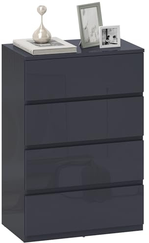 HOMCOM Commode 4 tiroirs, Meuble de Rangement à Haute Brillance, Fermeture Douce et silencieuse, Style Moderne, Commode pour Chambre à Coucher, Salon, Couloir, 55 x 34 x 80 cm, Gris