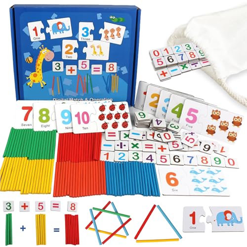 TEUVO Montessori Matematicos Aprender Números Juguetes para Niños 3 4 5 6 años, Juegos Preescolares con Rompecabezas Numérico/Barras de Conteo/Tarjetas Matemáticas, Material Educativos para Hogar y Au