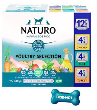 DIGIMART Natural Dog Food Naturo Poultry Selection Grain Free Adult 1-7 Years, 12 x 400g Trays, Chicken Duck Turkey Wet Dog Food