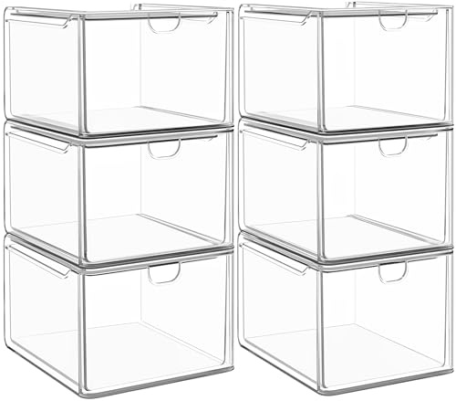 caktraie 6 Pack Small Stackable Stroage Drawers, Acrylic Bathroom Makeup Organizer, Plastic Storage Bins For Vanity, Undersink, Kitchen Cabinets, Pantry, Home Organization