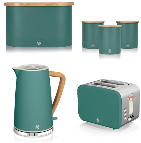 Swan Nordic Green 1.7L Jug Kettle, 2 Slice Toaster, Bread Bin & Canisters. Scandinavian Inspired Design Matching Kitchen Set of 6 in Pine Green